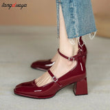 Bjlxn red mary jane shoes heels Women's Shoes Mary Jane 2024 Spring summer New Thick-heeled High-heeled Retro Square Toe Pumps