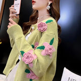 Bjlxn Sweater Female Spring and Autumn Knitwear Women Heavy Industry Rose Blossom Embroidery Contrast Sweater Coat Cardigan