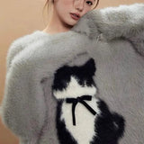 Bjlxn American Retro Cartoon Cat Bow Plush Sweater Sweater Women Y2K Korean Autumn and Winter Sweet and Spicy Jacquard Loose Pullover