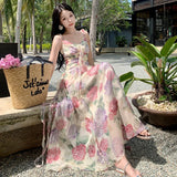 Bjlxn 2024 Summer Chiffon Beach Maxi Dress Women Fashion Print Floral Backless Bandage Slip Dress Elegant Evening Party Fairy Dresses