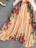 Bjlxn Elegant Evening Party Dress Women Sexy V-neck Floral Printed A-line Long Dresses Ladies Sleeveless Slim A-line Chiffon Long Robe