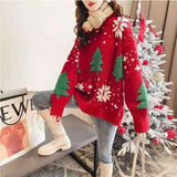 Christmas Autumn All-match Tie Flowers Christmas O-neck Long Sleeve Pullovers Women Clothing Korean Printing Sweater Female