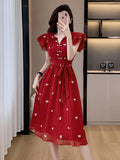 Bjlxn New Fashion Elegant Women V Neck Dress New French Summer Red Short Sleeve Lace Up Slim Waist Office Ladies A Line Vestidos