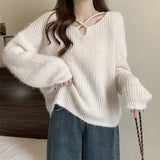 Bjlxn V-neck Sweaters 2024 Autumn Winter Retro Knitted Jumper Tops Y2K Harajuku Casual Women Basic Loose Pullover Korean Style