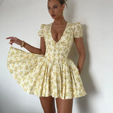 Bjlxn Summer Yellow Floral Print Short Dresses Women Vintage Puff Sleeve V Neck Sexy Elegant A Line Pleated Dress Party Beach Vestidos