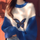 Bjlxn Lazy Style Contrasting Color Klein Blue Soft Women's Sweater Autumn Winter Loose Korean Version Butterfly Printed Top for Women