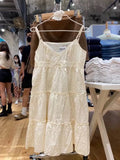 Bjlxn Casual Women White Front Buttons Lace Spliced Sling Dress Summer Vintage Square Collar Sleeveless Female Chic Bottoms