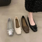 Bjlxn Spring New Square Head Bow Flat Bottom Ballet Single Shoe Shallow Mouth Womens Shoes