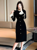 Bjlxn Woman Winter Spring New Elegant Velvet Patchwork Midi Slim Dresses Lady Party Prom Fashion One Piece Clothes