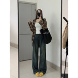 Bjlxn - Harajuku Retro Women's High Waist Wide Leg Jeans Autumn Winter Thin Vintage Straight Leg Pants Fashionable Floor Mopping Jeans