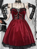 Bjlxn Christmas Gothic Red Dress Women Y2k E-girl Aesthetic Hotsweet Lace Patchwork Spaghetti Strap High Waist Velvet Dress