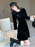 Bjlxn Woman Spring Summer New Elegant Velvet Mini A-line Dresses Long Sleeve  Party  Fashion One Piece Robe