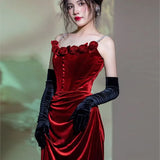 Bjlxn Velvet toasting dress with strap Wine red Rose Fish Tail Banquet small train