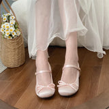 Bjlxn New Spring Autumn Thick Heel Pink Shoes Elegant Bow Lolita Shoes College Girls High Heels Fashion Women Sandals