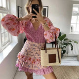 Bjlxn Flordevida pink floral patchwork spring summer dress long sleeve V-neck tiered ruffled dress women elegant ladies party dress