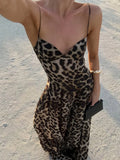 Bjlxn Vacation Holiday Sexy Leopard Print Backless Women Sling Dress Elegant Sleeveless Pleated Hem Robes 2025 Female Beach Vestidos