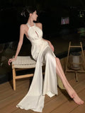 Bjlxn Elegant Sexy Backless Solid Long Dress Birthday Evening Party Halter Designer White Robe Summer Women Fashion Wedding Vestidos