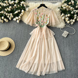 Bjlxn Retro  Elegant Embroidery Dress mesh A-line  korean fashion sweet High Waist Beach Women Summer slim dresses