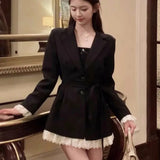 Bjlxn Elegant Black Suit Dress Women Lace Patchwork Blazer Dress Turn-down Collar Slim Korean Fashion Y2K Autumn New Mini Vestidos