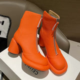 Bjlxn 2024 New Women Ankle Boots Basic Genuine Leather Zipper Round High Heels Platforms Ladies Shoes Black Beige Orange