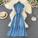 Bjlxn Elegant Women Denim Dress Summer Lapel Collar Sleeveless Thin Jean Maxi Dress French Style Retro A-Line Shirt Dresses