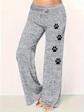 Cartoon Dog Paw Print Wide Leg Loose Pants - Soft Rib-Knit Polyester Fabric, Micro Elasticity, Drawstring Waist, Comfy Casual Wear for Weekend - Long Length, Regular Fit, Spring/Fall Season