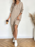 Women's Long Sleeve Pullover Dress, Elegant Solid Color, Polyester Knit, Hooded, Button Detail, Straight Fit, Adult Casual Wear for Autumn/Winter