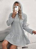 Elegant Women's Hooded Knee-Length Knit Dress with Ruffle Hem and Long Sleeves - Solid Polyester, Adult Fall/Winter Collection