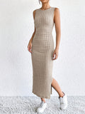 Long Sleeve Solid Ribbed Knitted Elegant Open Front Cardigan & Crew Neck Split Tank Dress Set, Women's Clothing