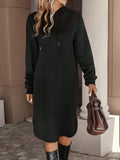 Women's Solid Color Hoodie Dress with Drawstring and Split Hem, Casual Polyester Knit Pullover, Adult Fashion Dress for Fall/Winter Season