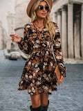 Bjlxn Stunning Floral Print V-neck Belted Dress - Stylish Long Sleeve Design with Adjustable Waist, Perfect for Spring and Fall Seasons - Elegant Womens Clothing for Everyday Wear