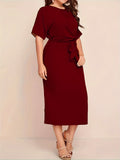 Chic All-Season Elegance: Durable Knit, Non-Sheer Solid Color Dress with Crew Neck, Half-Sleeves, and Flattering Tie Waist