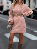 Long Sleeve Cable Knitted Crew Neck Elegant Sweater Dress, Plain Color Women's Clothing