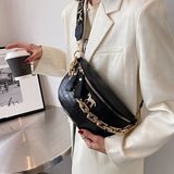 Stylish Crocodile Pattern PU Leather Crossbody Chest Bag with Wide Strap and Chain Decor