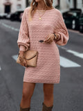 Long Sleeve Cable Knitted Crew Neck Elegant Sweater Dress, Plain Color Women's Clothing