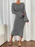 Scallop Pattern Knit Trumpet Dress, Elegant Long Flare Sleeve Crew Neck Split Hem Dress For Fall & Winter, Women's Clothing