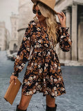 Bjlxn Stunning Floral Print V-neck Belted Dress - Stylish Long Sleeve Design with Adjustable Waist, Perfect for Spring and Fall Seasons - Elegant Womens Clothing for Everyday Wear