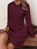 Women'S Pullover Hooded Knit Dress, Solid Color, Casual Style, Polyester, Drawstring, Straight Fit, Adult, Knit Fabric, Autumn/Winter Season