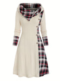 Chic Plaid Hooded Dress - Long Sleeve A-Line Style with Trendy Splicing - Perfect Casual Wear for Women - Autumn/Winter Fashion Staple