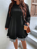 Plus Size Gingham Pattern Women's Casual Drawstring Hooded Long Sleeve Sweatshirt Dress with Ruffle Hem