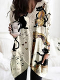 Bjlxn Charming V-Neck Dress with Cat Motif – Versatile Long Sleeves & Comfortable Dual Pockets – Perfect for Casual Wear