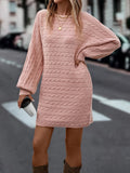 Long Sleeve Cable Knitted Crew Neck Elegant Sweater Dress, Plain Color Women's Clothing