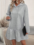 Elegant Women's Hooded Knee-Length Knit Dress with Ruffle Hem and Long Sleeves - Solid Polyester, Adult Fall/Winter Collection