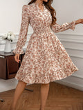 Elegant Women's Floral Print C Neck Long Sleeve Shirred Waist Dress for Everyday Wear