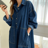 Bjlxn Women&#39;s Spring Autumn Casual Denim Shirt Dress Lady Long Sleeve Midi Jeans Vestidos Female Fashion Loose Outerwear Clothings