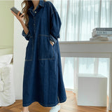 Bjlxn Women&#39;s Spring Autumn Casual Denim Shirt Dress Lady Long Sleeve Midi Jeans Vestidos Female Fashion Loose Outerwear Clothings