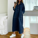 Bjlxn Women&#39;s Spring Autumn Casual Denim Shirt Dress Lady Long Sleeve Midi Jeans Vestidos Female Fashion Loose Outerwear Clothings