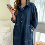 Bjlxn Women&#39;s Spring Autumn Casual Denim Shirt Dress Lady Long Sleeve Midi Jeans Vestidos Female Fashion Loose Outerwear Clothings