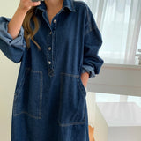 Bjlxn Women&#39;s Spring Autumn Casual Denim Shirt Dress Lady Long Sleeve Midi Jeans Vestidos Female Fashion Loose Outerwear Clothings