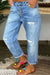 Bjlxn - Baby Blue Fashion Casual Solid Ripped Patchwork Buckle High Waist Regular Denim Jeans
